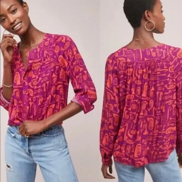 Anthropologie Toot Your Horn 22 of 52 Conversations Instrumet Shirt Blouse 2 XS - Picture 1 of 9